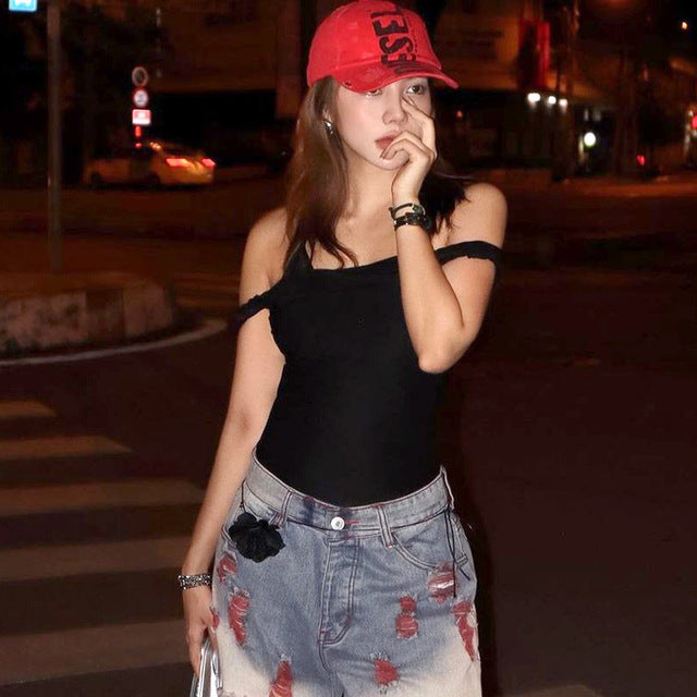 Taruxy Off Shoulder Slim Fit Twist Top for Sleeveless Patchwork Pullover Short T Shirt Female Summer