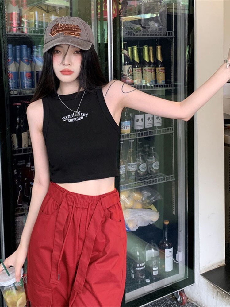 Summer Ribbed Top Letter Vest Female Y2k Crop Top Sleeveless T-shirt Short Sport Tops Korean Tank Top
