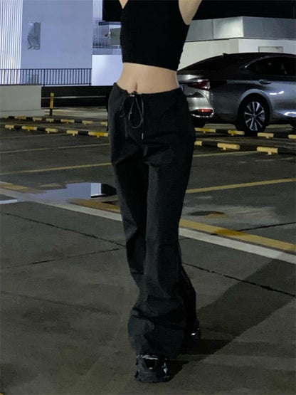 Summer Baggy Wide Leg Sweatpants Black Loose Drawstring High Waist Cargo Pants Hippie Joggers Trousers