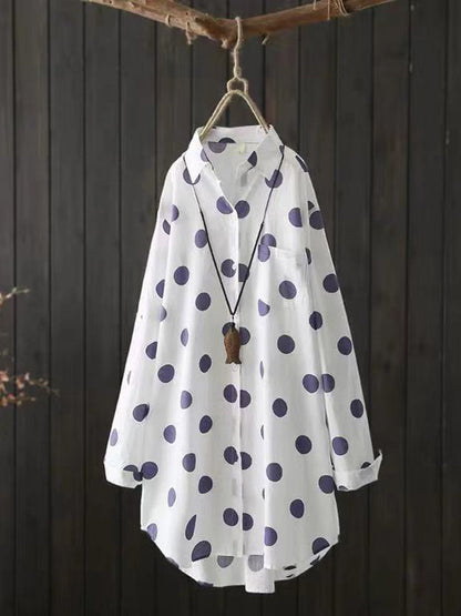 High-low Long Sleeves Polka-dot Lapel Shirts Tops
