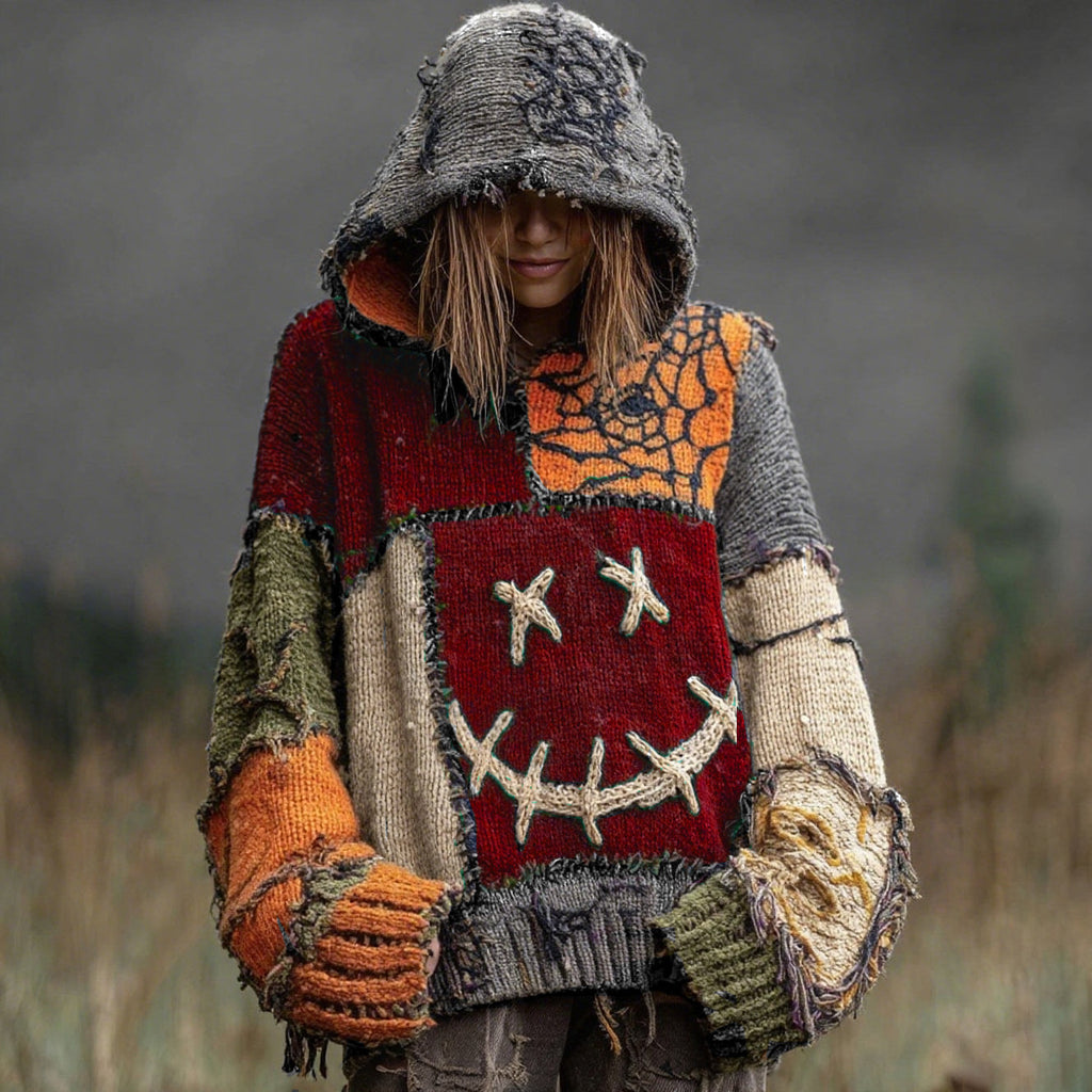 Halloween Spooky Face And Spider Web Patchwork Design Cozy Knit Hooded artswardrobe