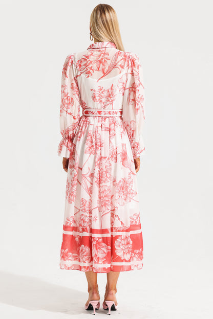 Lantern Sleeve Midi Dress With Belt