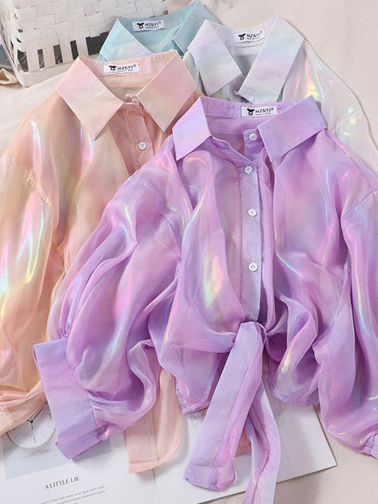 Buttoned Up Shirt Shirts Half Sleeve Shinning Sparkles Tied Waist Blouses for Autumn