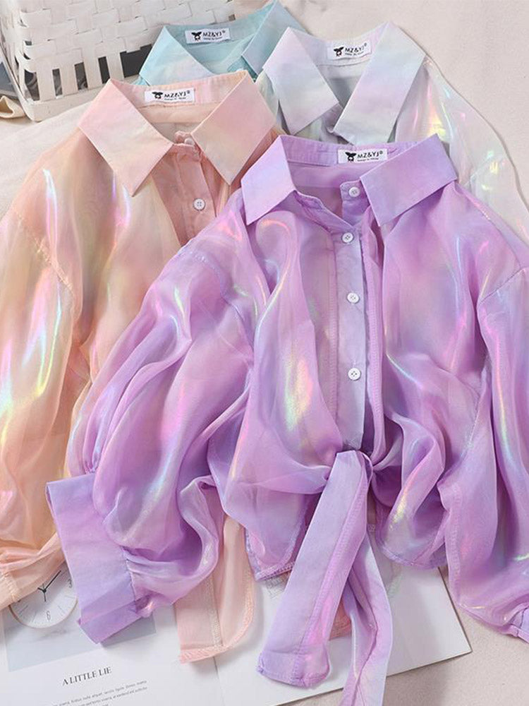 Buttoned Up Shirt Shirts Half Sleeve Shinning Sparkles Tied Waist Blouses for Autumn