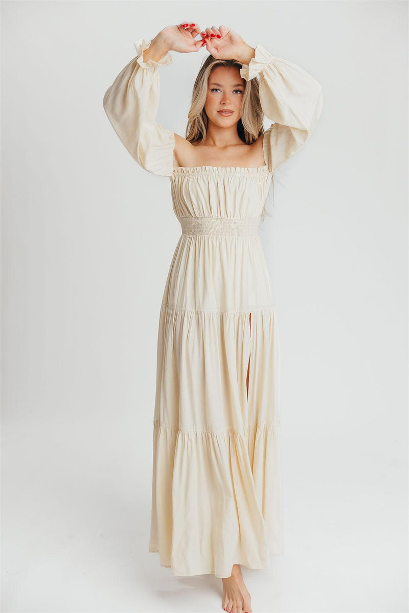 Off-shoulder Smocking Long Sleeve Split Midi Dress