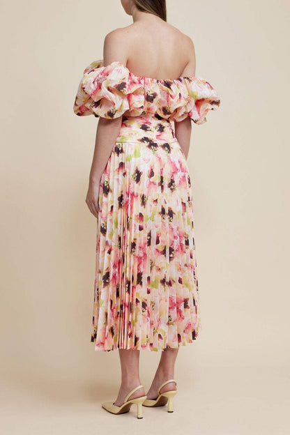 Off-shoulder Puff Sleeve Pleated Midi Dress