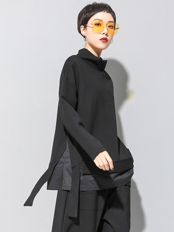 Black False-two Split-joint High-neck Sweatshirt T-shirt