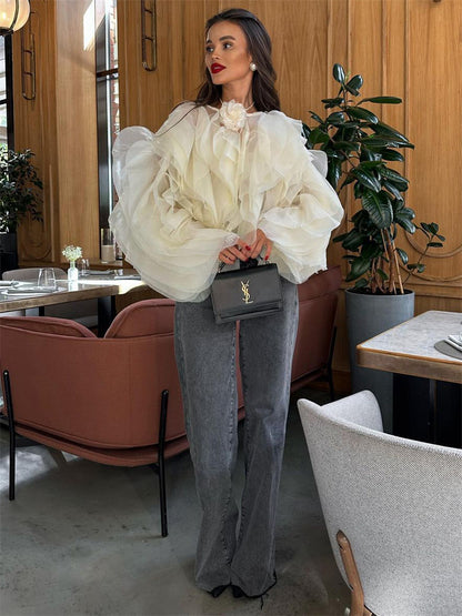 Tossy Patchwork Ruffled White Shirts for High Waist Long Sleeve Blouse Top