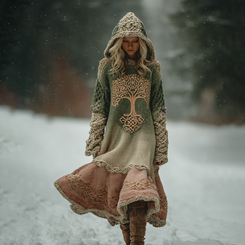 Women's Vintage Celtic Tree Of Life Ombre Hooded Sweater Midi Dress elevenforest