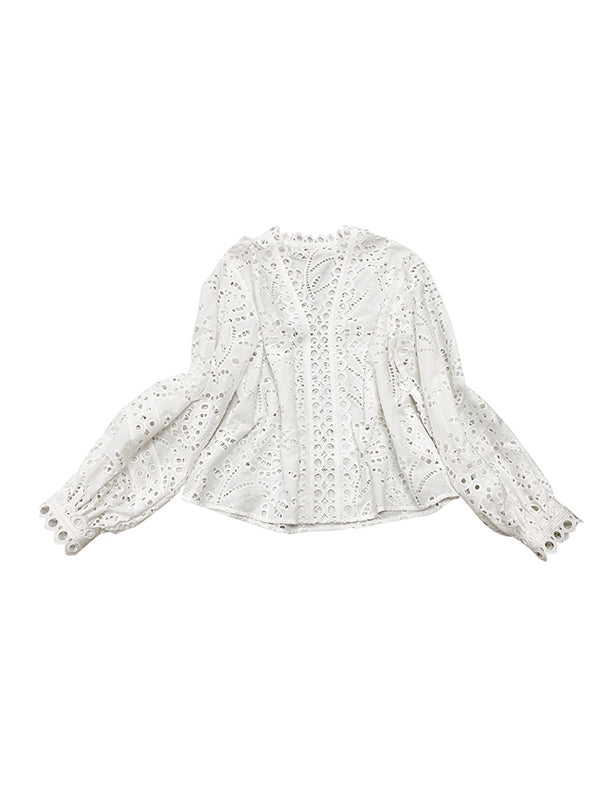 Long Sleeves Loose Hollow See-through Color Split-joint V-neck Blouses&shirts Tops