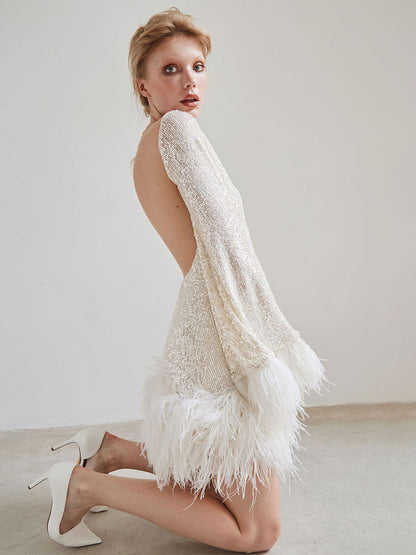 White Sequins Dress Flared Sleeves Feather Trim Backless Mini Dresses
