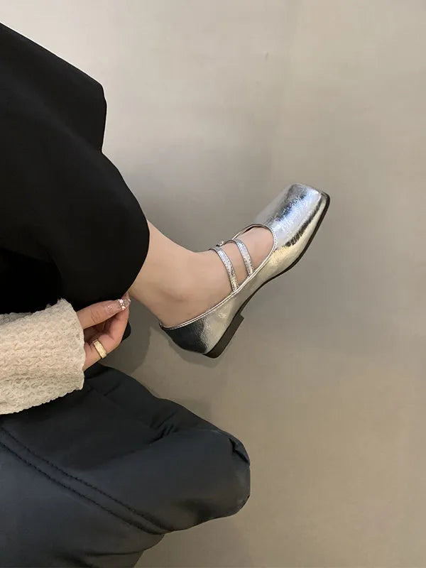 Belt Buckle Shallow Cut Split-joint Square-toe Flats Mary Janes