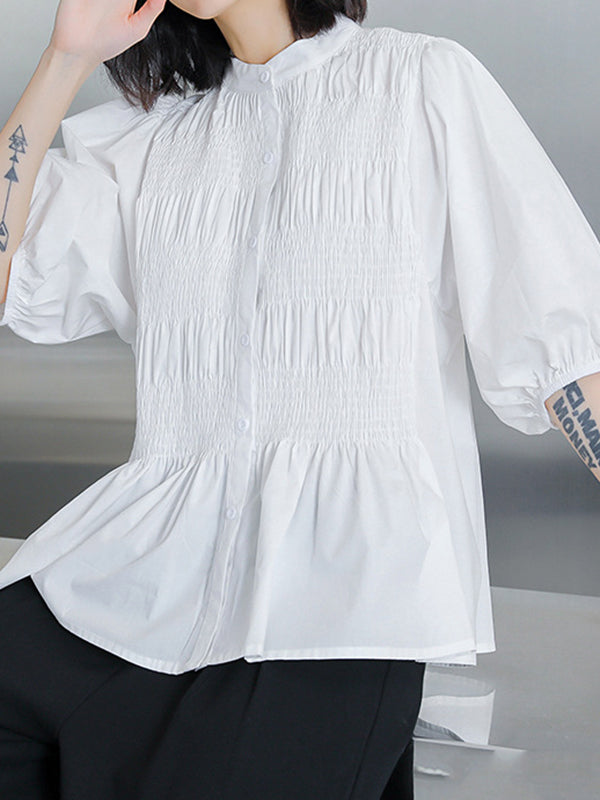 Loose Puff Sleeves Pleated Color Round-neck Blouses&shirts Tops