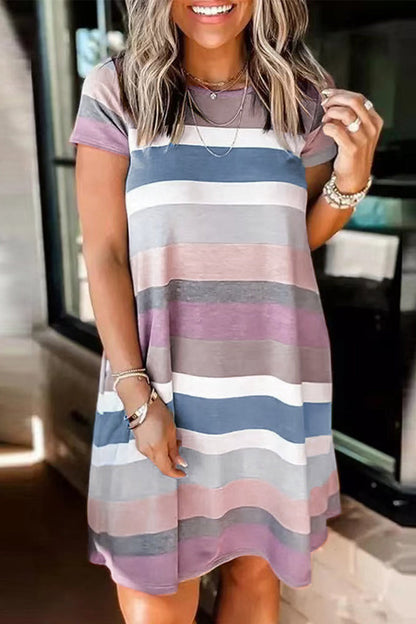 Street Striped Patchwork Pocket O Neck T-shirt Dress Short Sleeve Dress(5 Colors)