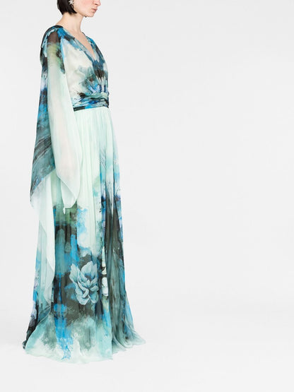 Long Sleeves V-neck Tapered Waist Maxi Dress Blue