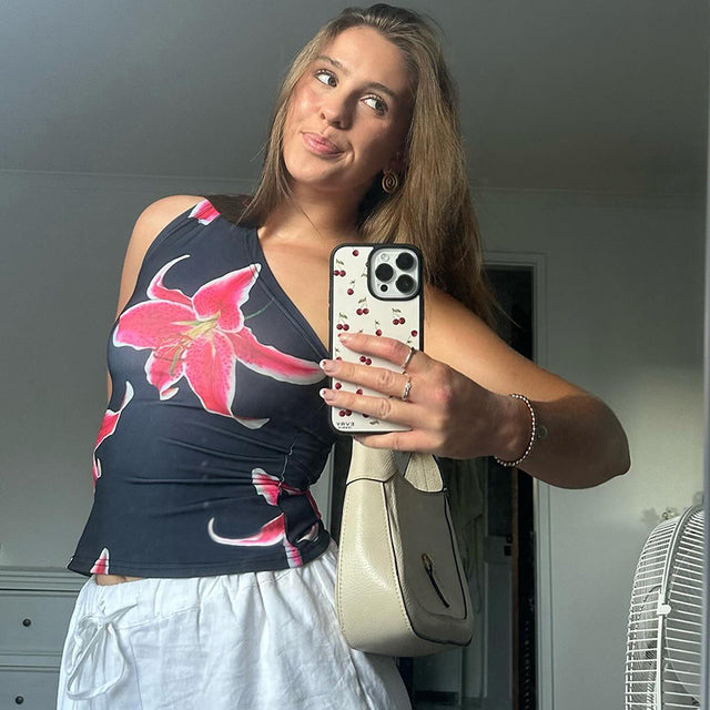 Cutenova Print Fitted Tops Resort Wear Graphic Tees Summer One Shoulder Slash Backless Tank Top