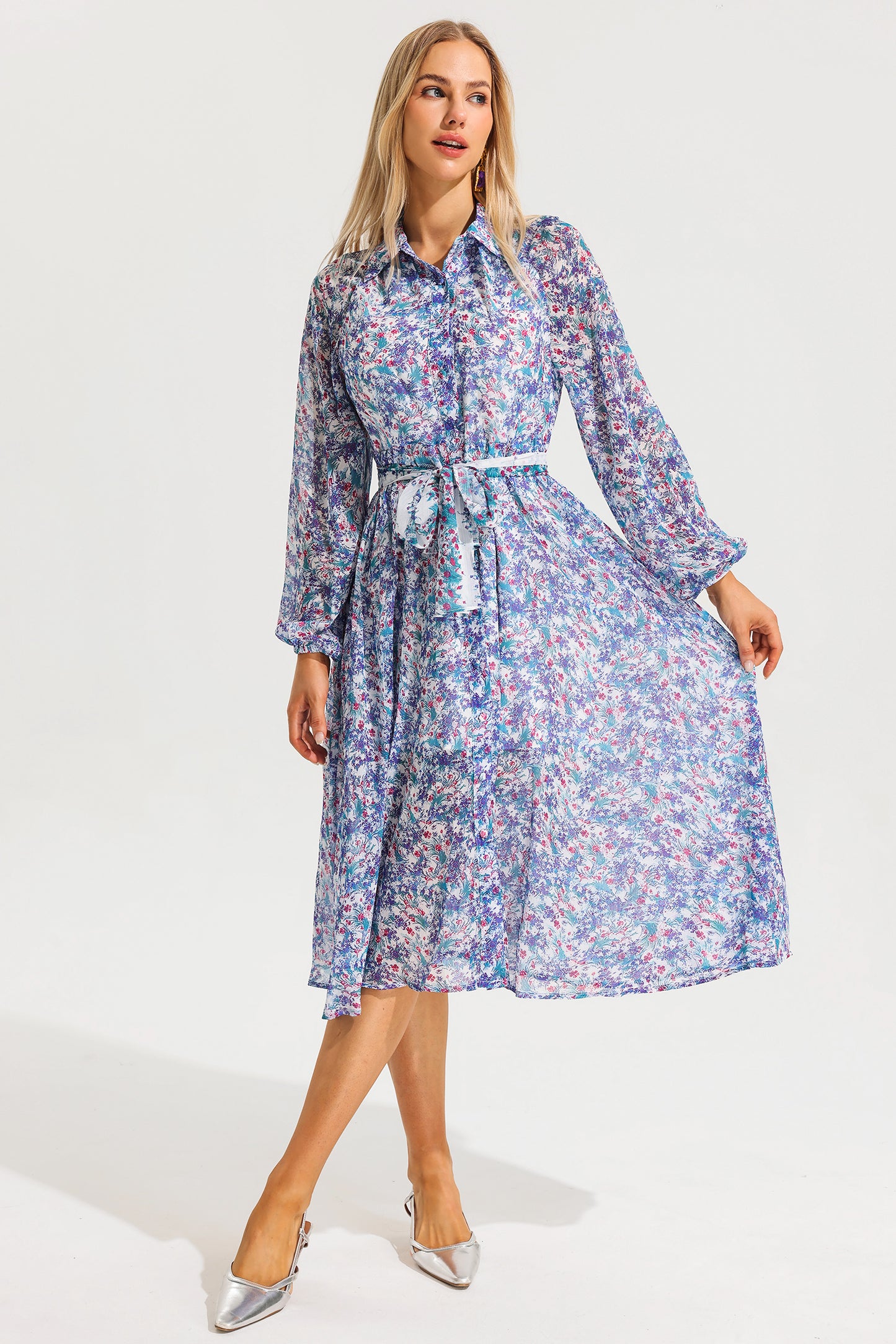 Lantern Sleeve Lapel Midi Dress