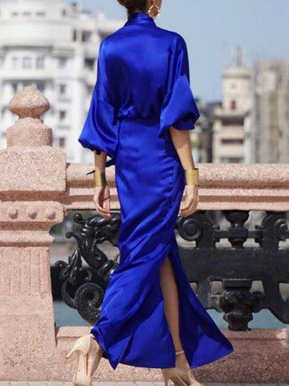 Half Sleeves Loose Color V-neck Maxi Dresses