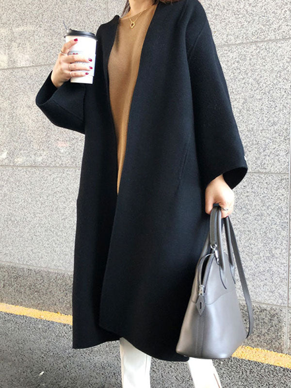 Long Sleeves Loose Color Collarless Woolen Coat
