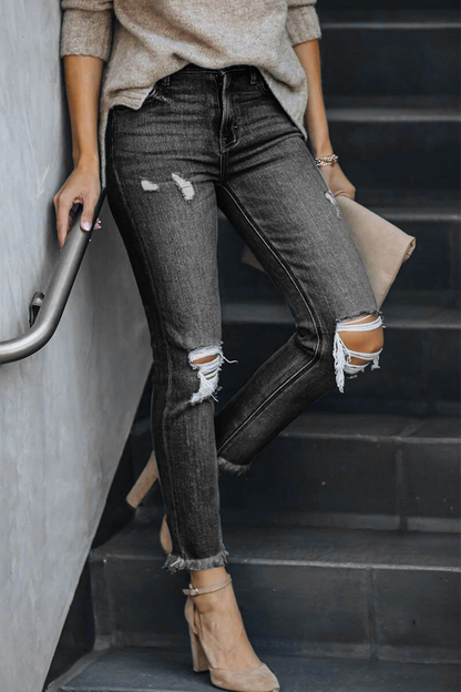 Ripped Mid Waist Skinny Denim Jeans