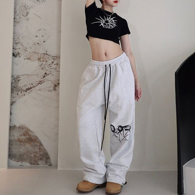High Street Drawstring Loose Versatile Pants Jazz Dance Hiphop Print High Waist Sweatpants ’s Street Trousers