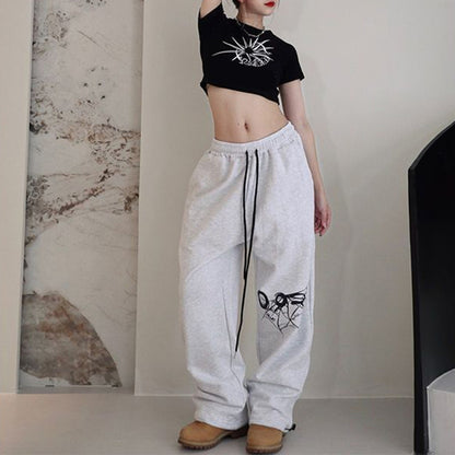 High Street Drawstring Loose Versatile Pants Jazz Dance Hiphop Print High Waist Sweatpants ’s Street Trousers