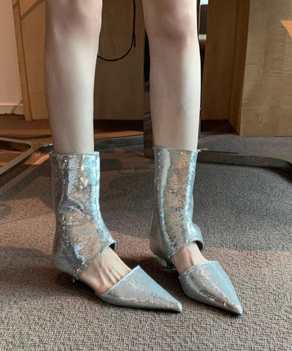 Stylish Silver Sequins Hollow Out Pointed Toe Sandals Boots Oi045