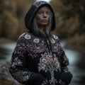 Women's Viking Style Tree Of Life And Patterned Black Warm Hooded Sweater artswardrobe