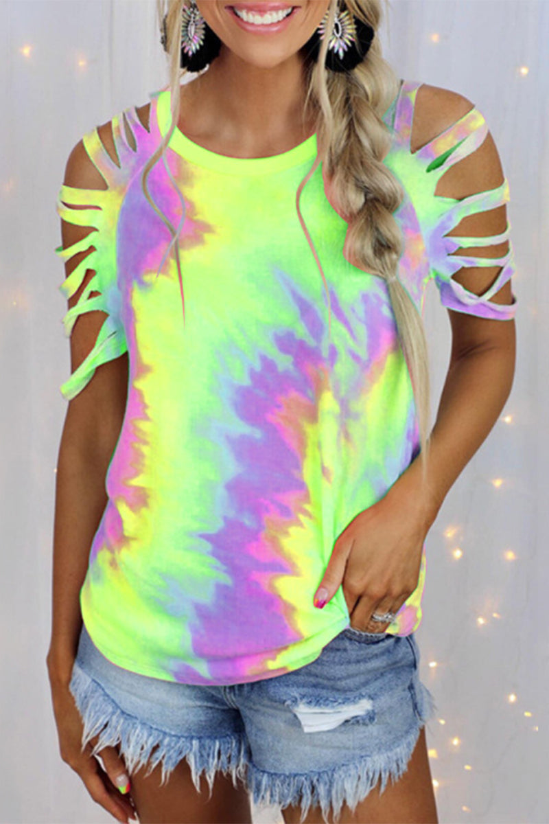 Tie Dye Hollowed Out Patchwork O Neck T-shirts