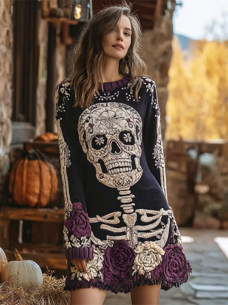 Halloween Skull & Floral Embroidered Art Women's Knit Mini Dress artswardrobe