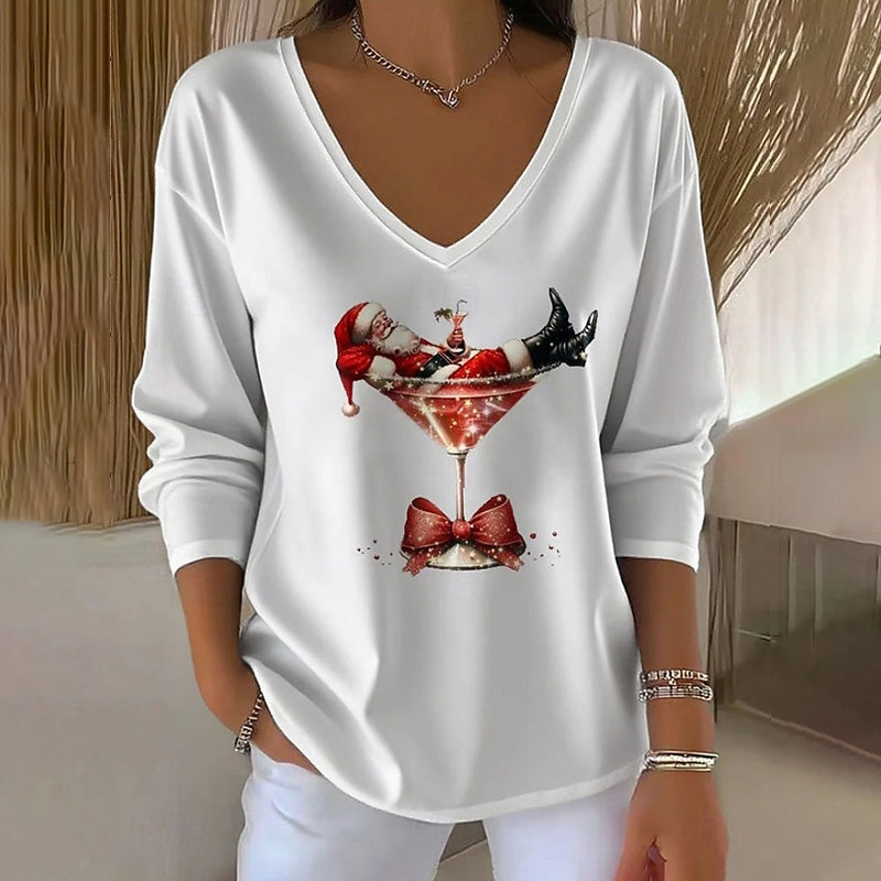 Comstylish Women's Fun Christmas Wine Glass With Santa Claus Print V-neck Long Sleeve T-shirt