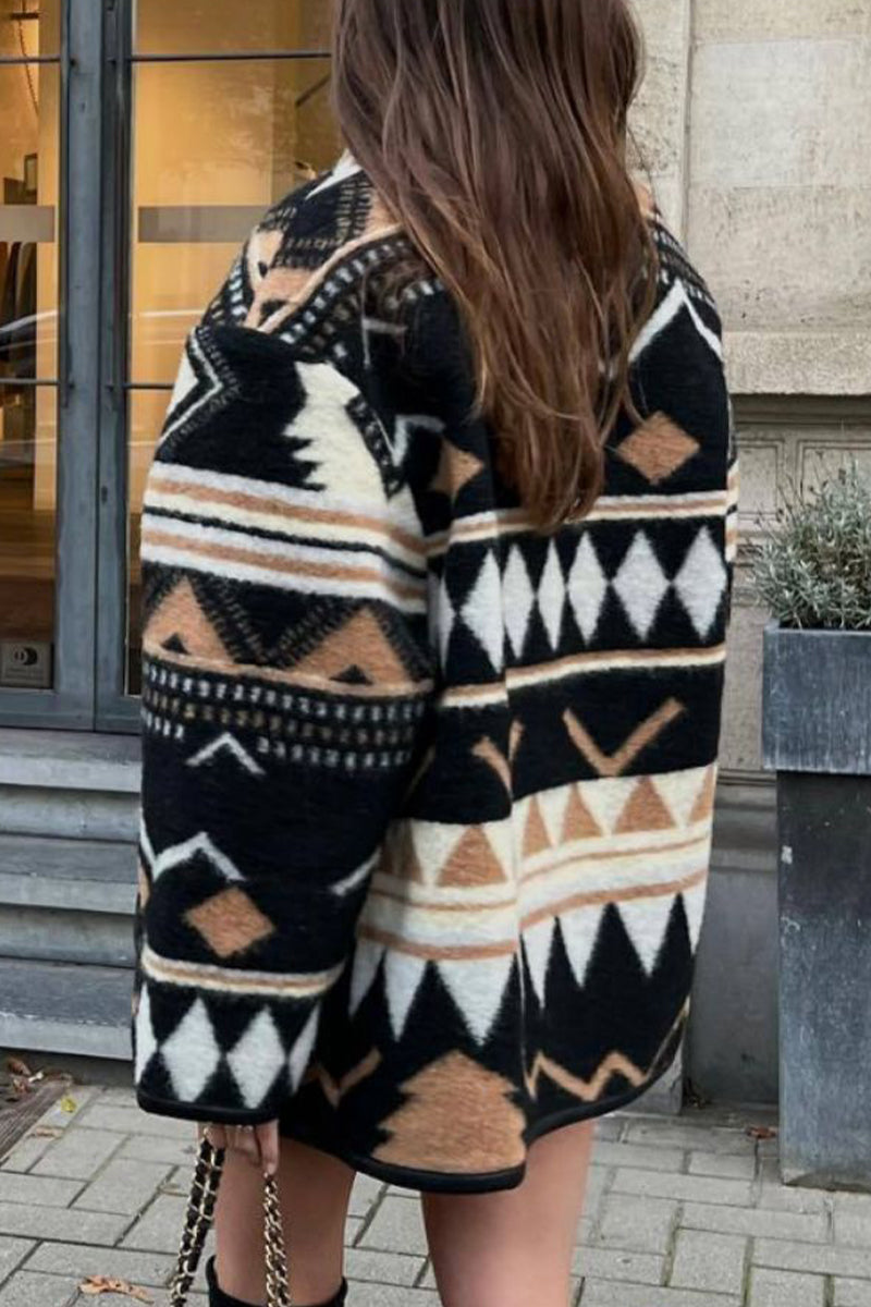 Street Geometric Print Pocket U Neck Outerwear