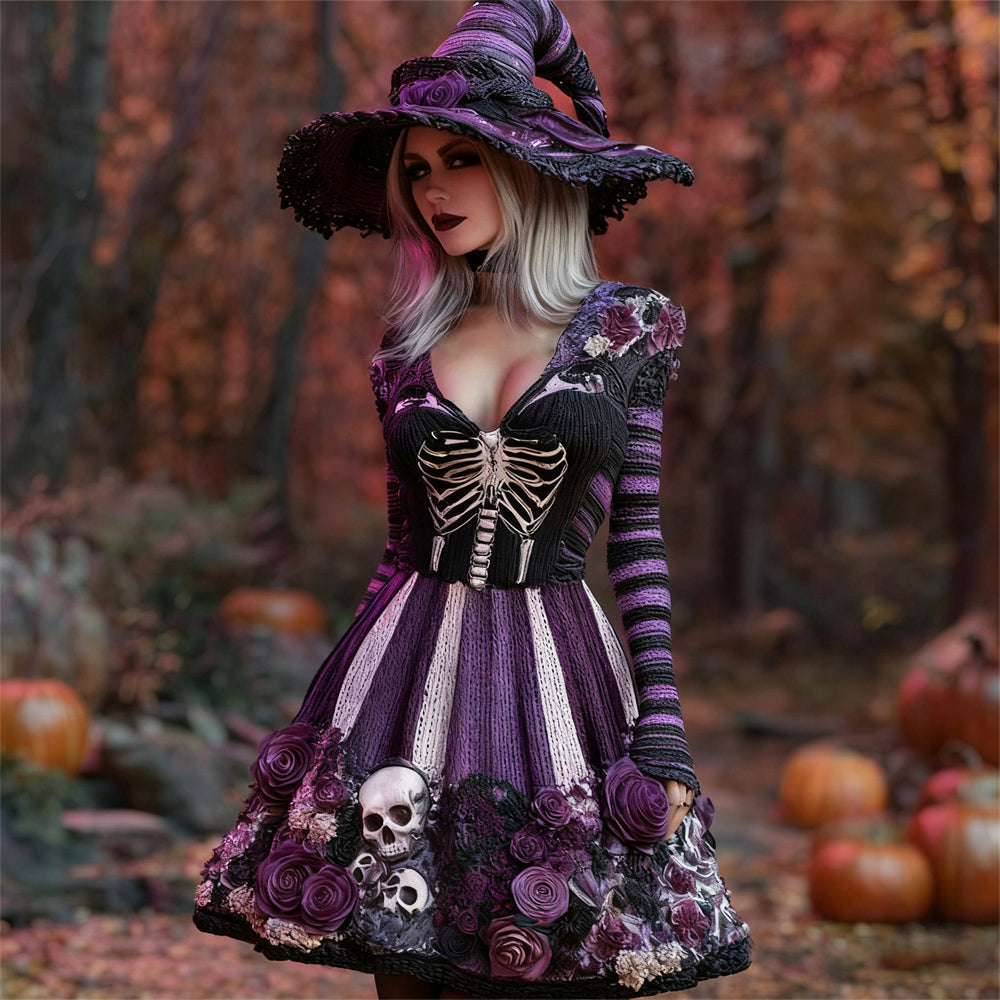 Halloween Skeleton Witch Striped Art Women's Knit V-neck Mini Dress artswardrobe