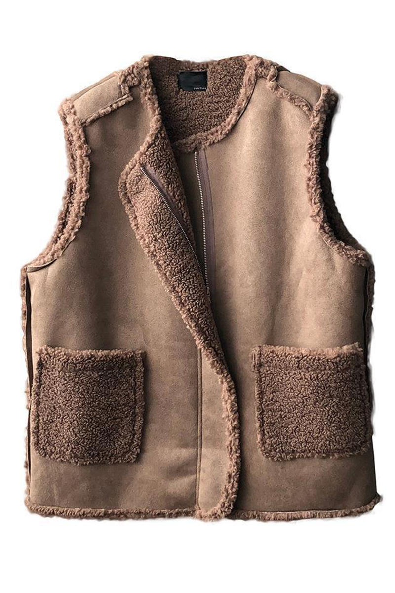 Pocket Patchwork Fluffy O Neck Waistcoats