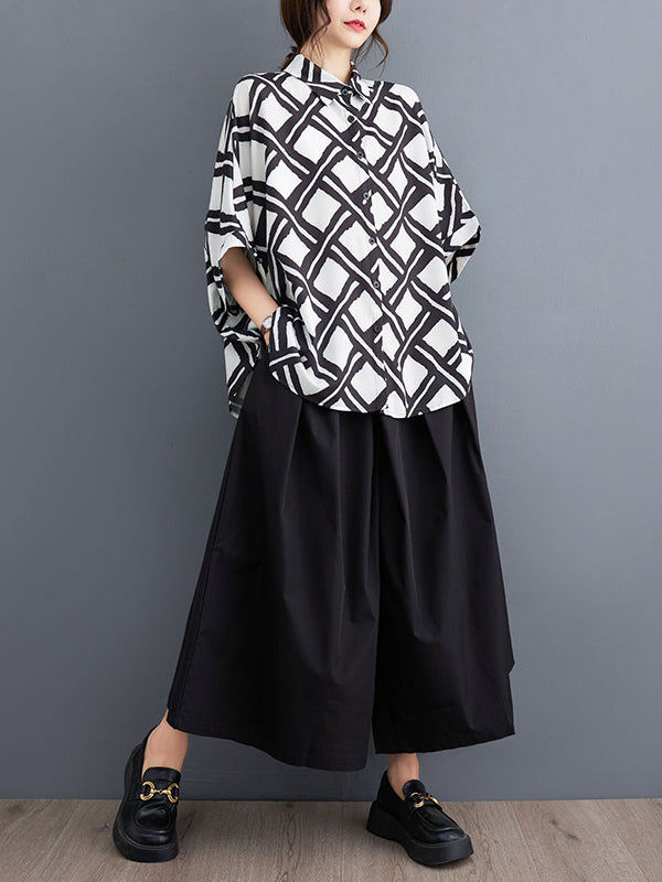 Batwing Sleeves High-low Buttoned Plaid Printed Lapel Blouses&shirts Tops
