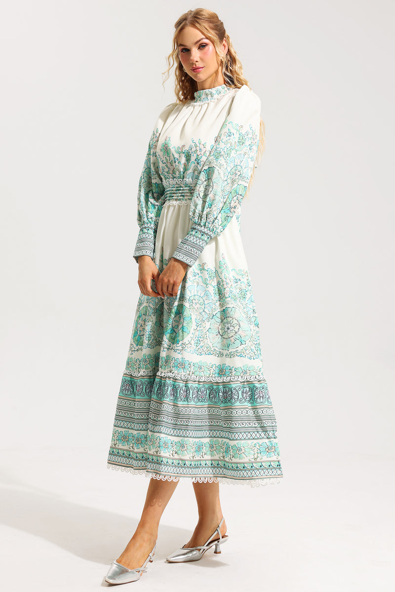 Lantern Sleeve Pleated Midi Dress