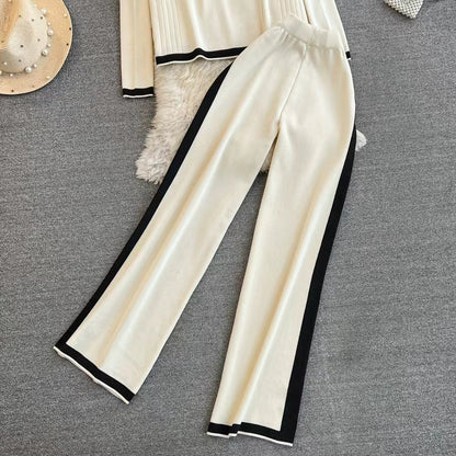 Spring and Autumn Chanel Style Suit Long Sleeved Contrast V Neck Knitted Cardigan High Waist Straight Wide Leg Pants Knitted Suit