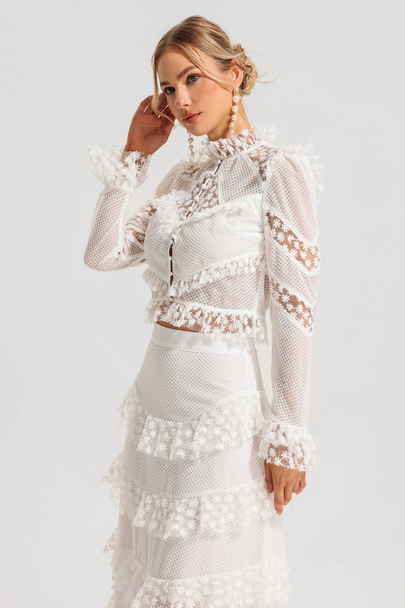 Embroidered Ball Sleeve Top ?embroidered Ruffle Mid Waist Maxi Skirt Set