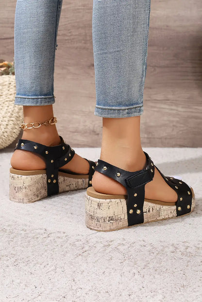 Stylish Black Rivet Hollow Out Wedge Sandals