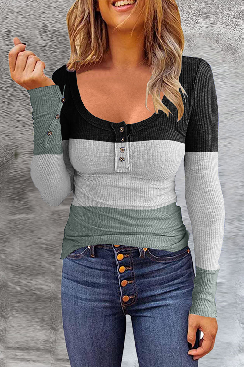 Gradual Change Color Block Patchwork Buttons O Neck T-shirts(7 Colors)