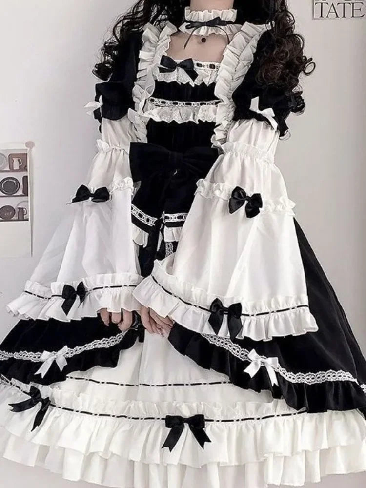 Contrast Color Japanese Dress Ruffled Patchwork High Waist Fairy Robe Y2k Aesthetic Sweet Dresses Vestido De Mujer
