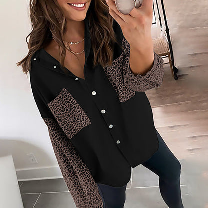 Autumn Shacket Long Sleeve Pocket Leopard Print Printing Collared Cardigan Top