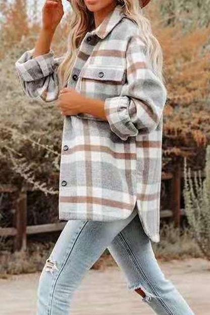 Plaid Pocket Buckle Turndown Collar Outerwear(8 Colors)