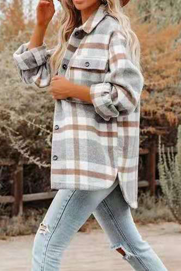 Plaid Pocket Buckle Turndown Collar Outerwear(8 Colors)