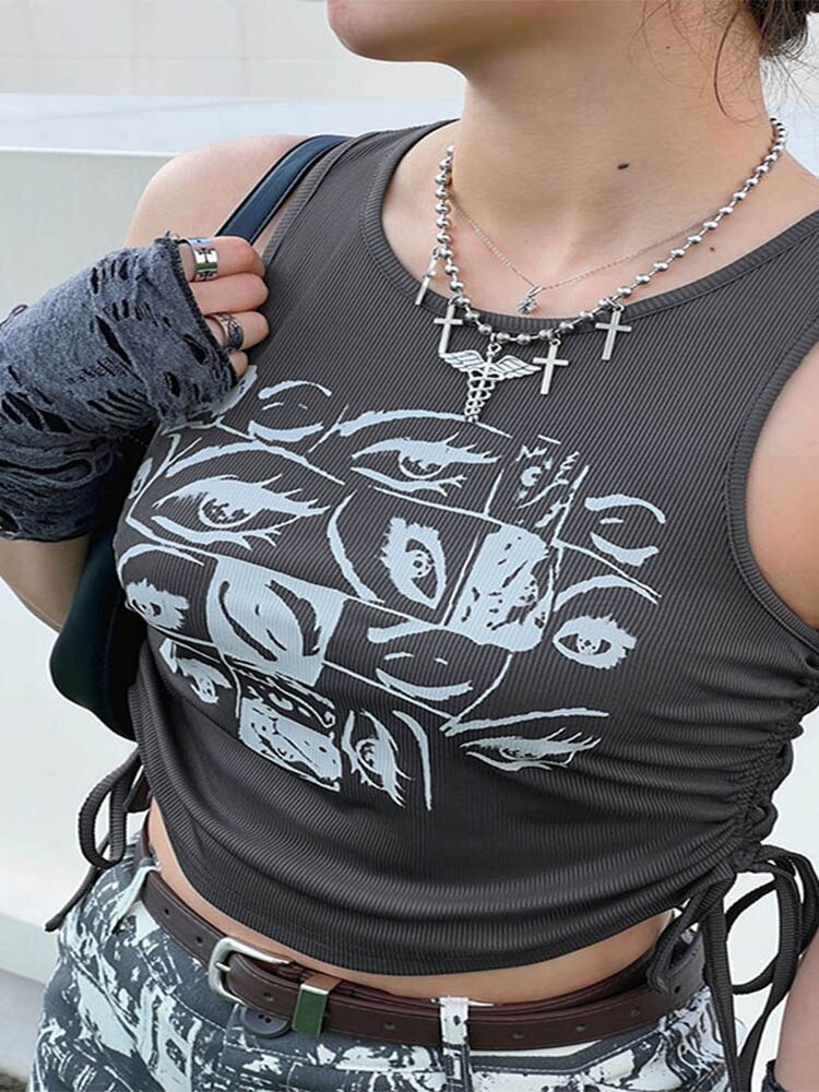 Retro Print Tops Fairy Grunge Graphic Y2k Crop Tops Short Sleevle Vest Tees Harajuku Suspenders Clothes