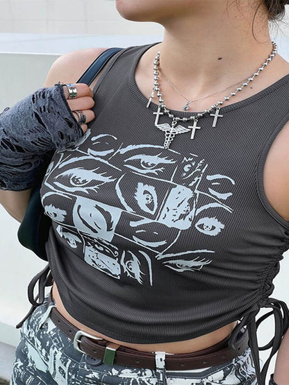 Retro Print Tops Fairy Grunge Graphic Y2k Crop Tops Short Sleevle Vest Tees Harajuku Suspenders Clothes