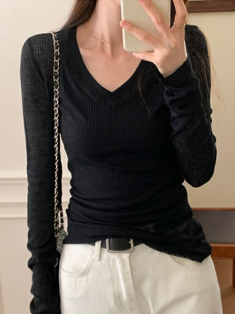 Long Sleeve T Shirt Thin Perspective Summer Slim Shirts Female Pullovers Basic Tee Y2k Clothes Top