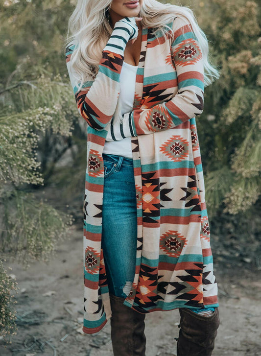 Cardigan Coat Autumn Winter Western Striped Mid Length Contrast Color Knitted Coat