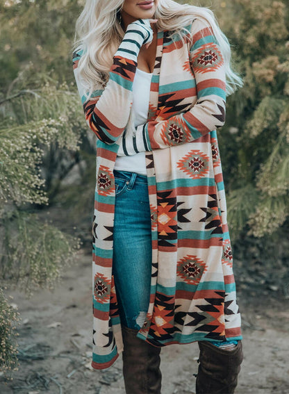 Cardigan Coat Autumn Winter Western Striped Mid Length Contrast Color Knitted Coat