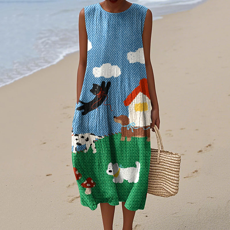 Comstylish Women's Retro Dogs Art Print Tank Dress
